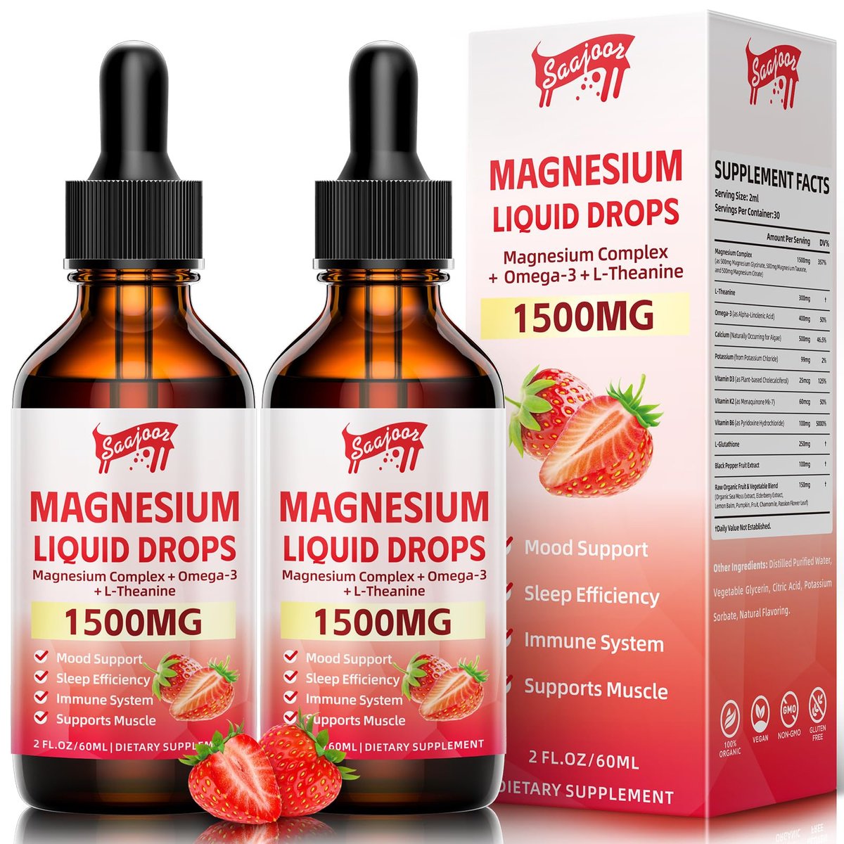 2 Pack Magnesium Glycinate Liquid Drops, 1500mg Magnesium Liquid Supplement with Vitamin B6, D3, L-Theanine, Omega3, Support Night, Muscle, Bone, Mood, Strawberry Flavor - 4 Fl Oz (120ml) Bottle - görsel 1
