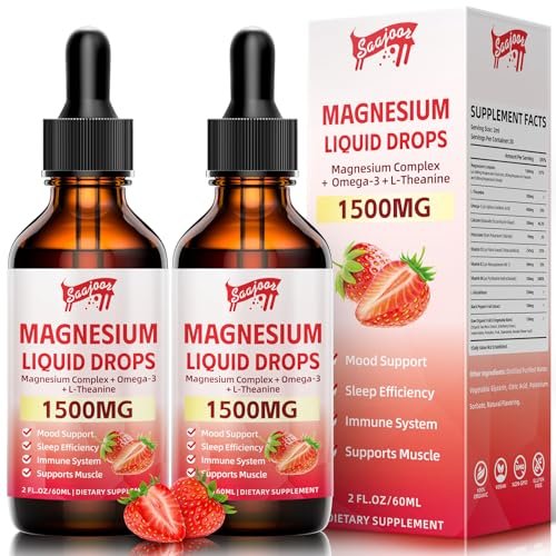2 Pack Magnesium Glycinate Liquid Drops, 1500mg Magnesium Liquid Supplement with Vitamin B6, D3, L-Theanine, Omega3, Support Night, Muscle, Bone, Mood, Strawberry Flavor - 4 Fl Oz (120ml) Bottle - görsel 2