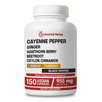 Immortal Herbs Cayenne Pepper Capsules with Garlic, Ginger, Hawthorn, Turmeric, Cinnamon, Beet Root and Black Pepper Extract - 150 Capsules, Non-GMO & Gluten Free Capsaicin Supplement