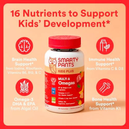 SmartyPants Kids Multivitamin Gummies, Omega 3 (DHA/EPA), Vitamins D3, C, B12, B6, Vitamin A, K & Zinc, Gluten Free, Three Fruit Flavors, 80 Count (40 Day Supply)