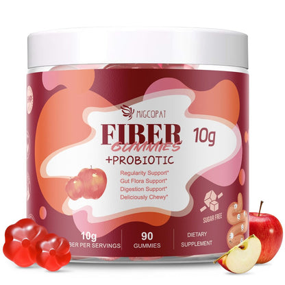 Migcopat Fiber Gummies with Probiotics, 10G Fiber per Serving No Sugar Added Apple Flavor, with 10 Billion CFU Probiotics Blend, Apple Cider Vinegar, Vitamin C, Inulin, Bloating Support 90 Count