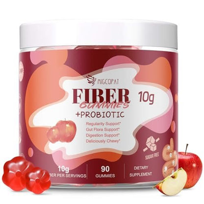 Migcopat Fiber Gummies with Probiotics, 10G Fiber per Serving No Sugar Added Apple Flavor, with 10 Billion CFU Probiotics Blend, Apple Cider Vinegar, Vitamin C, Inulin, Bloating Support 90 Count