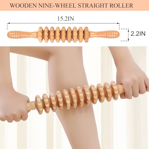 Xokocli Cellulite Massage Tool Wood Therapy Massage Tools Body Roller Cellulite Roller Fascia Blaster Lymphatic Drainage Massager for Legs Thighs Muscle Pain Relief (White 9-Wheel) - görsel 9