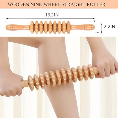 Xokocli Cellulite Massage Tool Wood Therapy Massage Tools Body Roller Cellulite Roller Fascia Blaster Lymphatic Drainage Massager for Legs Thighs Muscle Pain Relief (White 9-Wheel)