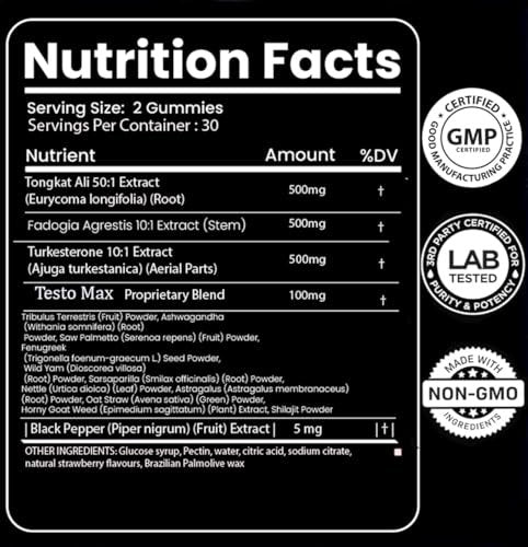 MACRO VITAL Testosterone Booster for Men Gummies [Fast-Max Absorption] Masculinity Boost, Turkesterone, Tongkat Ali, Horny Goat Weed, Maca Root, Tribulus, Testo Gummies 60Ct - görsel 15