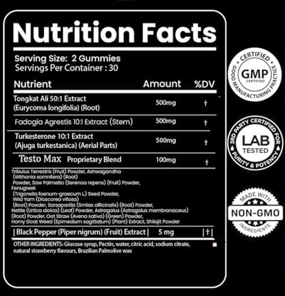 MACRO VITAL Testosterone Booster for Men Gummies [Fast-Max Absorption] Masculinity Boost, Turkesterone, Tongkat Ali, Horny Goat Weed, Maca Root, Tribulus, Testo Gummies 60Ct