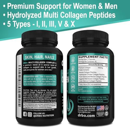 Multi Collagen Peptides for Women & Men - Type I, II, III, V, & X Multi Collagen for Women & Men Complex Capsules, Hydrolyzed Peptides Pills Supplements for Skin, Hair & Nails - 120 Protein Capsules