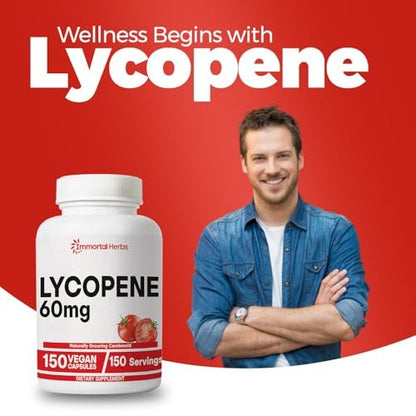 Immortal Herbs Lycopene Supplement for Men 60mg, 120 Capsules, Natural Tomato Extract Powder, 4 Month Supply, 100% Veg Lycopene Complex, Non-GMO and Gluten Free Carotenoid Supplement