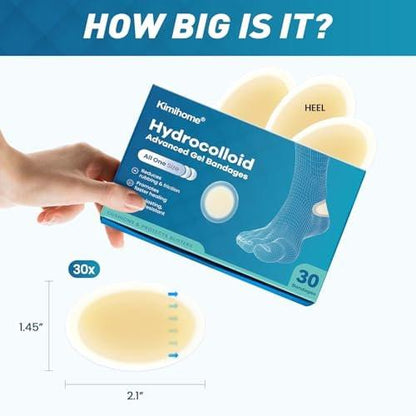 Kimihome Hydrocolloid Blister Bandages for Feet - 30ct Gel Blister Bandages - Blister Cushions for Heel, Toe - Blister Prevention for Travel - Water Resistant Bandages Pads (Heel Pack)