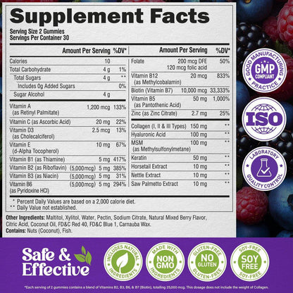 Biotin Gummies with Collagen - Hair Growth Support, Skin, & Nail Strength - for Women & Men - Biotin 10000mcg | Keratin | Hyaluronic Acid | B-Complex | Nettle - Sugar-Free, Mixed Berry - 60 Gummies