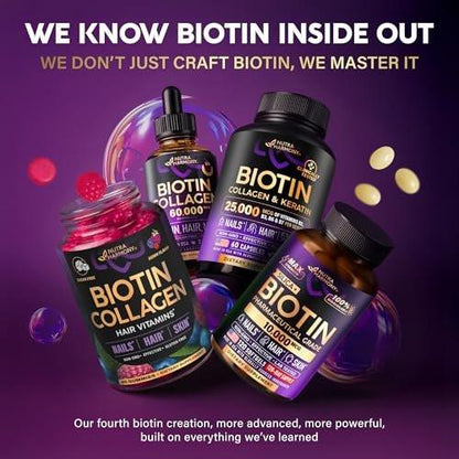 Biotin Gummies with Collagen - Hair Growth Support, Skin, & Nail Strength - for Women & Men - Biotin 10000mcg | Keratin | Hyaluronic Acid | B-Complex | Nettle - Sugar-Free, Mixed Berry - 60 Gummies