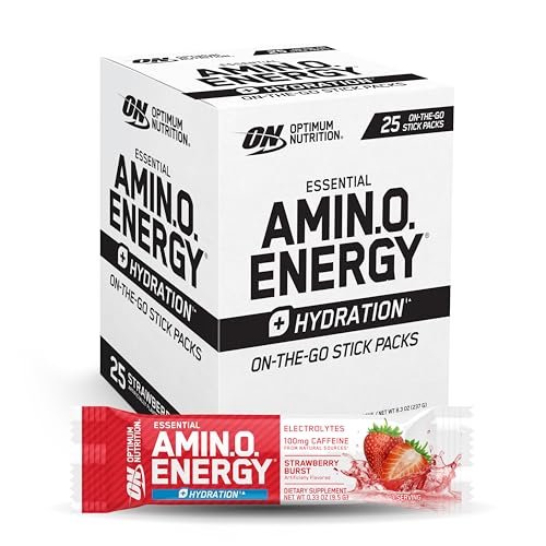 Optimum Nutrition Amino Energy Plus Hydration Packets, On-the-Go Energy Powder Stick Packs, Strawberry Burst, 25 Count - görsel 9