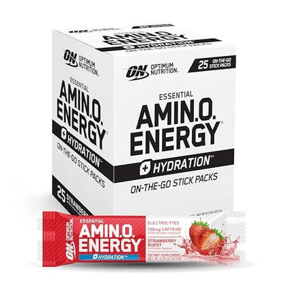 Optimum Nutrition Amino Energy Plus Hydration Packets, On-the-Go Energy Powder Stick Packs, Strawberry Burst, 25 Count