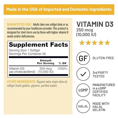 NatureWise Vitamin D3 10,000IU (250 mcg) 90-Day Supply - High Potency for Healthy Immune Support & Muscle Function, Non-GMO, Gluten-Free in Organic Extra Virgin Olive Oil, (Mini Softgel), 90 Count - görsel 7