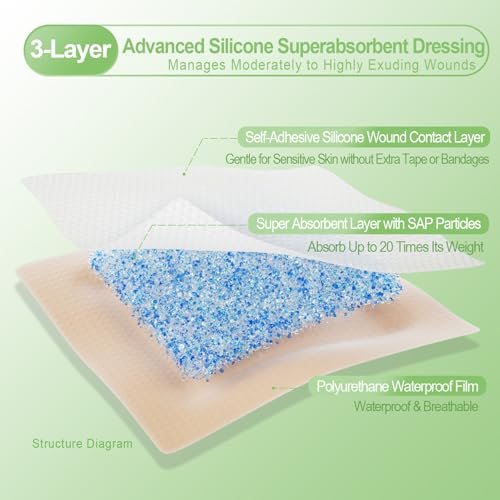 NeuHeils Silicone Super Absorbent Wound Dressing 4''x4'' 20 Packs, Self-Adhesive Waterproof Bandage with Ultrasorb Pad for Heavy Exudates Wound, Soft Gauze Island Dressing - görsel 10