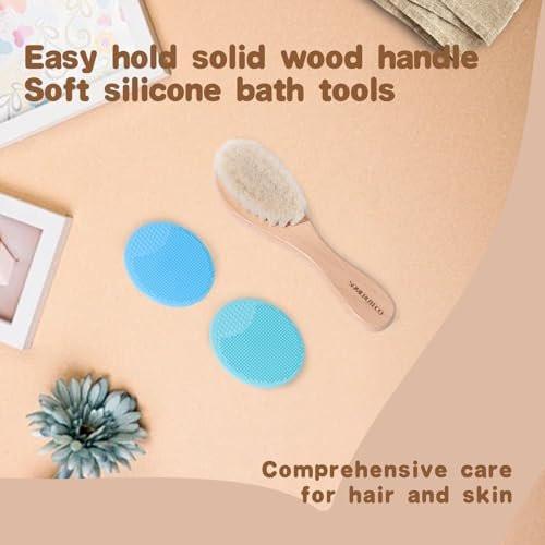 SAMEBUTECO Baby Hair Brush Set, 3 in1 Kit, 1 Pack Goat Hair Bristles Brush 2 Pieces Silicone Cradle Cap Brushes Wood Handle Newborn Brush for Newborns and Toddlers - görsel 14