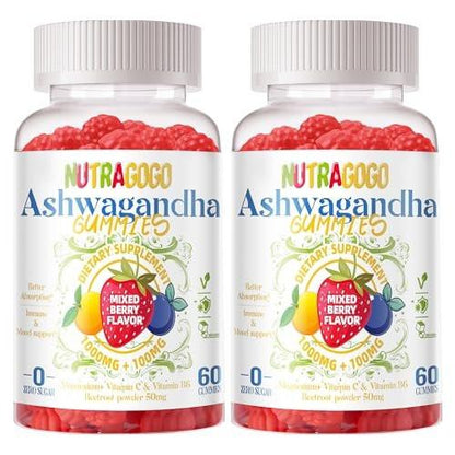 Ashwagandha Gummies & Vitamin D3 Gummy 120 Count - Organic Ashwagandha Supplement for Improve Sleep, Stress Relief & Mood Calm (Mixed Berry, Vegan, Plant Based, Gluten-Free & Gelatin Free) Pack of 2