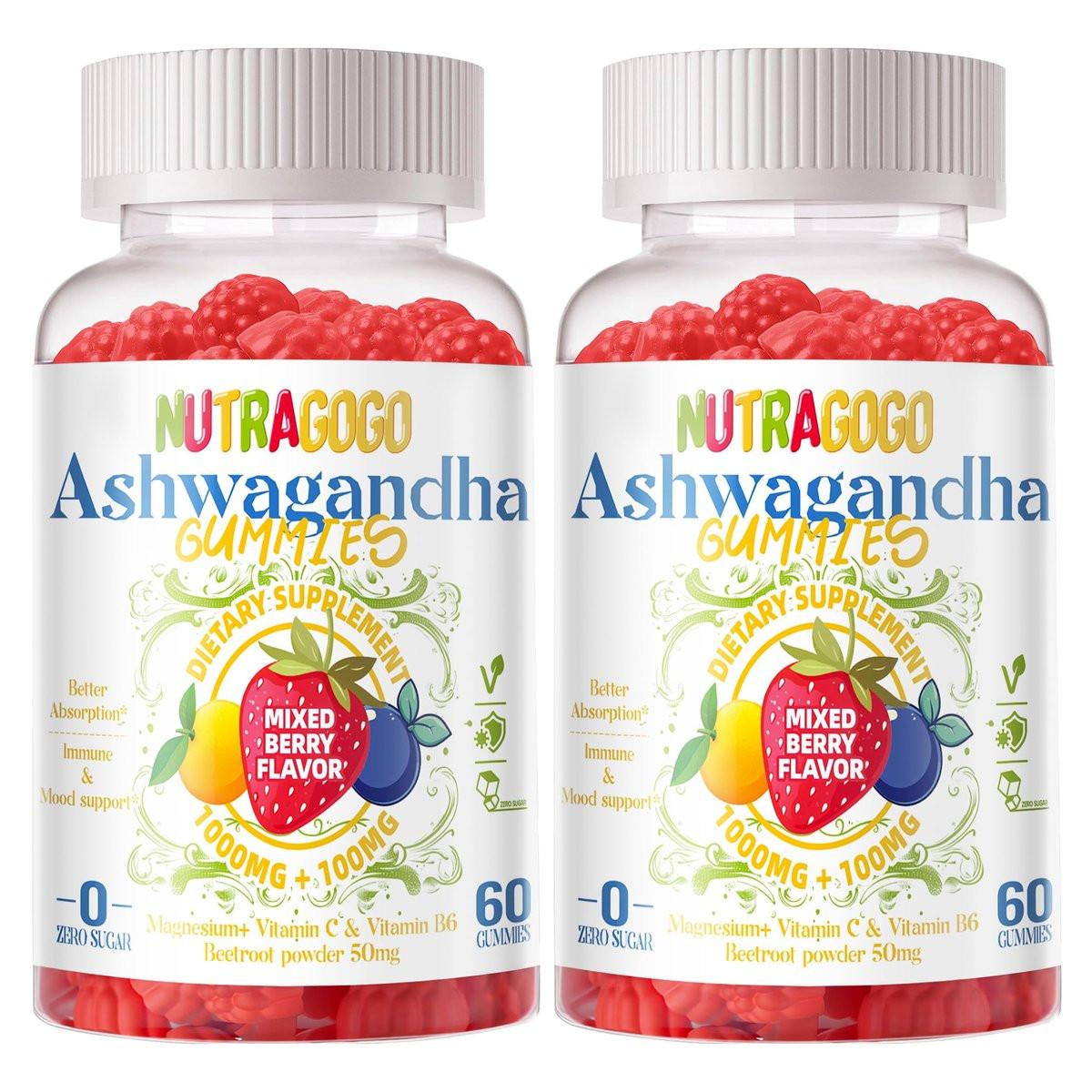 Ashwagandha Gummies & Vitamin D3 Gummy 120 Count - Organic Ashwagandha Supplement for Improve Sleep, Stress Relief & Mood Calm (Mixed Berry, Vegan, Plant Based, Gluten-Free & Gelatin Free) Pack of 2 - görsel 1