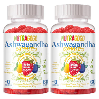 Ashwagandha Gummies & Vitamin D3 Gummy 120 Count - Organic Ashwagandha Supplement for Improve Sleep, Stress Relief & Mood Calm (Mixed Berry, Vegan, Plant Based, Gluten-Free & Gelatin Free) Pack of 2