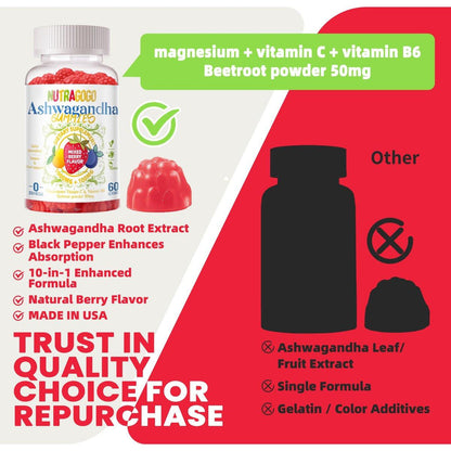 Ashwagandha Gummies & Vitamin D3 Gummy 120 Count - Organic Ashwagandha Supplement for Improve Sleep, Stress Relief & Mood Calm (Mixed Berry, Vegan, Plant Based, Gluten-Free & Gelatin Free) Pack of 2