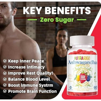 Ashwagandha Gummies & Vitamin D3 Gummy 120 Count - Organic Ashwagandha Supplement for Improve Sleep, Stress Relief & Mood Calm (Mixed Berry, Vegan, Plant Based, Gluten-Free & Gelatin Free) Pack of 2