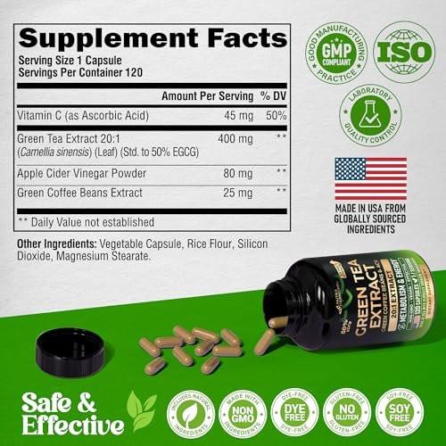 Green Tea Extract - 50% EGCG, Extra Strength 20:1 Extract - Natural Green Tea Supplement + Green Coffee Beans & Apple Cider Vinegar - Energy & Metabolism Support - for Men & Women - Vegan 120 Capsules - görsel 9