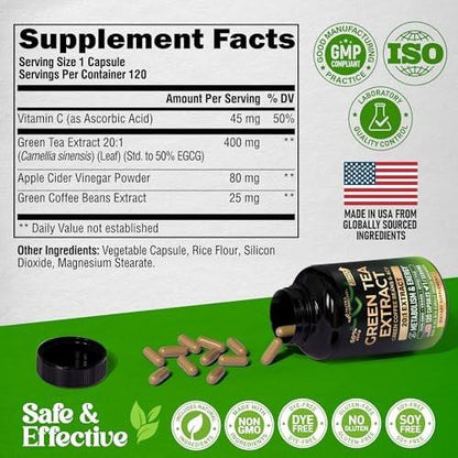 Green Tea Extract - 50% EGCG, Extra Strength 20:1 Extract - Natural Green Tea Supplement + Green Coffee Beans & Apple Cider Vinegar - Energy & Metabolism Support - for Men & Women - Vegan 120 Capsules