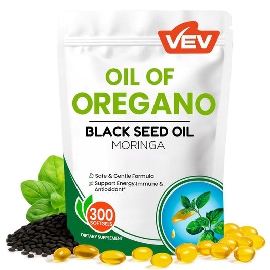 VEV Oil of Oregano with Black Seed Oil & Moringa, Organic, 300 Softgels, Aceite de Orégano, Carvacrol-Rich, Opaque Airtight Packaging, Immune Support Supplement