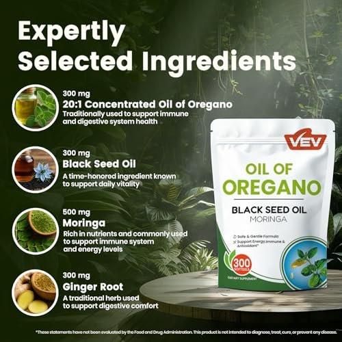 VEV Oil of Oregano with Black Seed Oil & Moringa, Organic, 300 Softgels, Aceite de Orégano, Carvacrol-Rich, Opaque Airtight Packaging, Immune Support Supplement - görsel 6