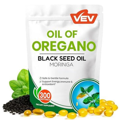 VEV Oil of Oregano with Black Seed Oil & Moringa, Organic, 300 Softgels, Aceite de Orégano, Carvacrol-Rich, Opaque Airtight Packaging, Immune Support Supplement