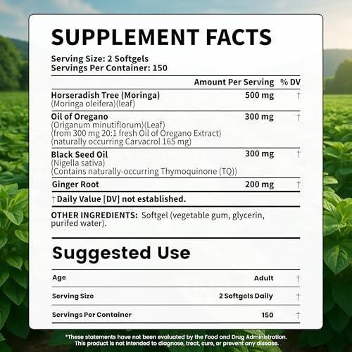 VEV Oil of Oregano with Black Seed Oil & Moringa, Organic, 300 Softgels, Aceite de Orégano, Carvacrol-Rich, Opaque Airtight Packaging, Immune Support Supplement - görsel 4