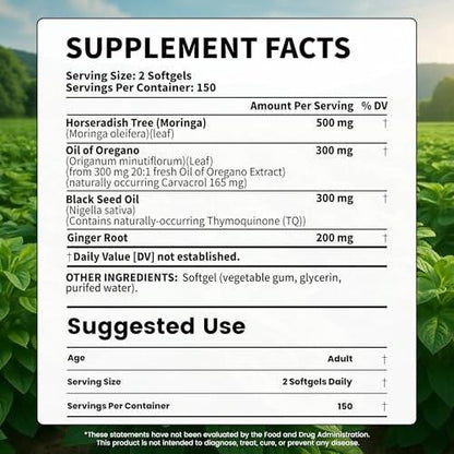 VEV Oil of Oregano with Black Seed Oil & Moringa, Organic, 300 Softgels, Aceite de Orégano, Carvacrol-Rich, Opaque Airtight Packaging, Immune Support Supplement