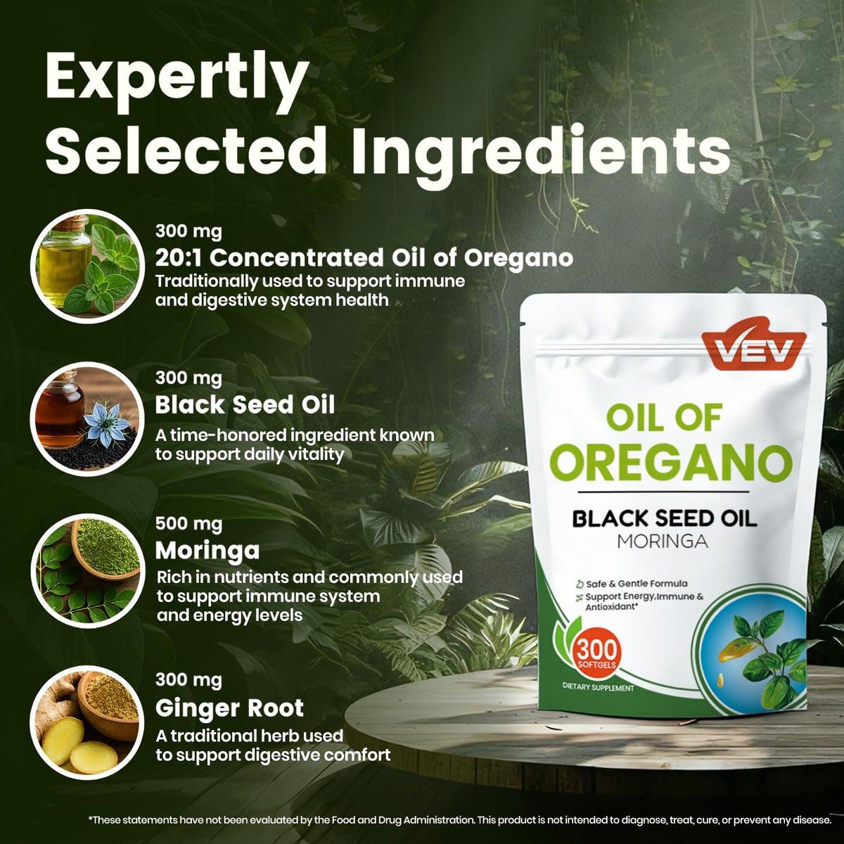 VEV Oil of Oregano with Black Seed Oil & Moringa, Organic, 300 Softgels, Aceite de Orégano, Carvacrol-Rich, Opaque Airtight Packaging, Immune Support Supplement - görsel 5