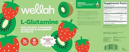 Wellah L-Glutamine Powder Strawberry Kiwi (50 Servings) - 5g L-Glutamine Per Serving, Sweetened with Stevia