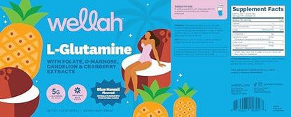 Wellah L-Glutamine Powder Blue Hawaii (50 Servings) - 5g L-Glutamine Per Serving, Sweetened with Stevia