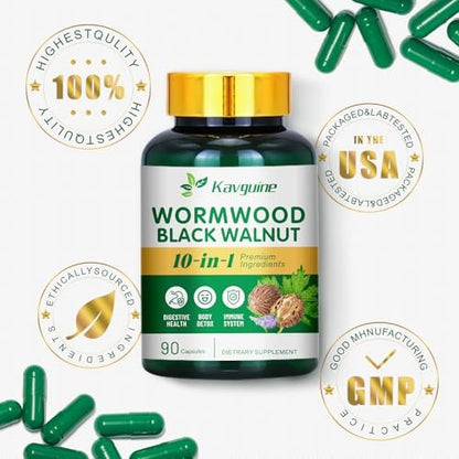 Kavguine 10 in 1 Wormwood Capsules - 90 Capsules Supplement, Black Walnut Hulls, Cloves, Black Pepper, Turmeric Curcumin Root, Peppermint Leaf, Supports Gut Health & Digestive Balance