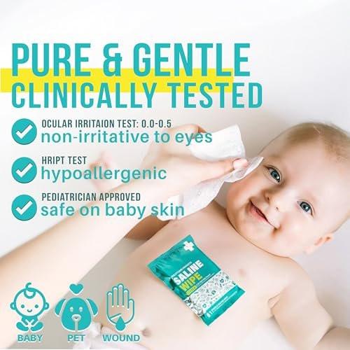 EVERLIT CARE Saline Wipes | 80 Pcs Sterile Wet Towelettes Formulated for Sensitive Skin | Nose, Piercing Aftercare, Baby & Kids | No-sting Alcohol-Free Wipes with Aloe Vera | 6" x 8" Extra Large Sheet - görsel 4