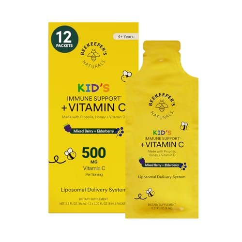 Kid's Immune Liposomal Vitamin C by Beekeeper's Naturals, 500 mg Vitamin C, Elderberry, Vitamin D, Propolis & Honey, Kid-Friendly Immune Support - Mixed Berry Flavor, Easy to Use, Bioavailable, 12 Ct - görsel 1