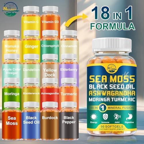 Nature's live Organic Sea Moss Softgels, with Black Seed Oil, Ashwagandha, Bladderwrack, Ginger, Burdock Root, Manuka Honey, Cinnamon for Immune System, Skin, Energy, 90 Softgels, 1 Pack - görsel 6