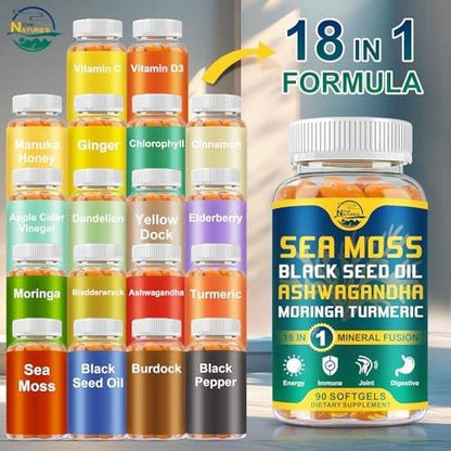 Nature's live Organic Sea Moss Softgels, with Black Seed Oil, Ashwagandha, Bladderwrack, Ginger, Burdock Root, Manuka Honey, Cinnamon for Immune System, Skin, Energy, 90 Softgels, 1 Pack