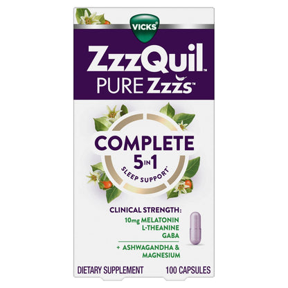 ZzzQuil Pure Zzzs Complete Sleep, Melatonin 10mg, L-Theanine, GABA, with Ashwagandha, and Magnesium, Melatonin Sleep Aid, 60 Count