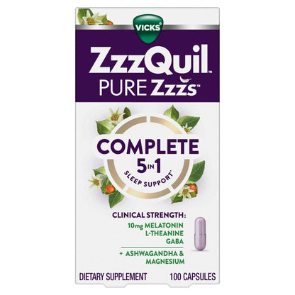 ZzzQuil Pure Zzzs Complete Sleep, Melatonin 10mg, L-Theanine, GABA, with Ashwagandha, and Magnesium, Melatonin Sleep Aid, 100 Count