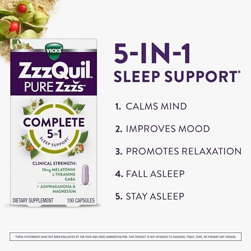 ZzzQuil Pure Zzzs Complete Sleep, Melatonin 10mg, L-Theanine, GABA, with Ashwagandha, and Magnesium, Melatonin Sleep Aid, 60 Count - görsel 9