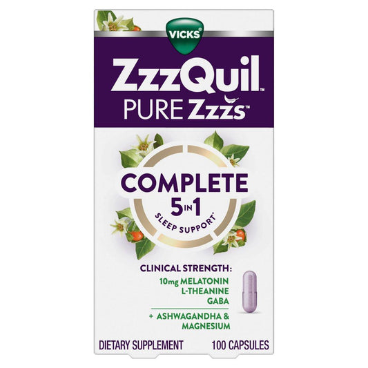ZzzQuil Pure Zzzs Complete Sleep, Melatonin 10mg, L-Theanine, GABA, with Ashwagandha, and Magnesium, Melatonin Sleep Aid, 100 Count