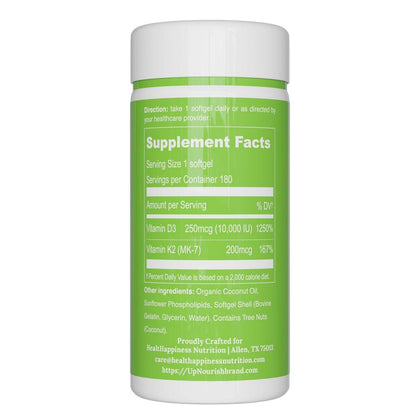 UpNourish Liposomal D3 K2 Vitamin 10000 IU D3 and K2 MK-7 200 mcg - 180 Vitamin D3 k2 (Vitamina D3 con K2) Mini Softgels - Easy to Swallow K2 D3 Vitamin