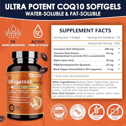 NATURE TARGET Ubiquinol CoQ10 200mg softgels with PQQ & Turmeric, High Absorption Coenzyme Q10 Supplement with ALA & Black Pepper, Antioxidant for Heart & Brain Health, Energy Production, 120 Count - görsel 1