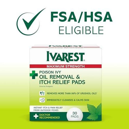Ivarest Poison Ivy Oil Removal and Itch Relief Pads, 30 Count, Max Strength, Poison Plant and Insect Bite Relief