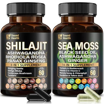 Irish Sea Moss & Shilajit Bundle for Natural Energy, Sleep Support & Hair Growth, Made with Black Seed Oil, Ashwagandha, Ginger, Rhodiola Rosea, Vitamins C & D, for Man & Women, All-in-1 Supplement
