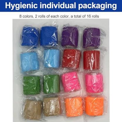 Clooflar 16 Pack Self Adhesive Bandage Wrap, 2" X 5 Yards Multi-Colored Elastic Cohesive Bandage Wrap for Sports, Wrist, Ankle and Vet Wrap, Grip Tape