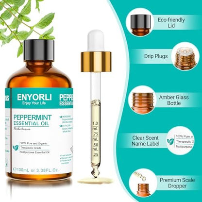 ENYORLI Peppermint Oil 3.38 fl oz Christmas Gift for Women Men Peppermint Essential Oil 100% Natural for Hair, Skin, Diffuser, Massage, Cleaning, Candle Making and Soap Making